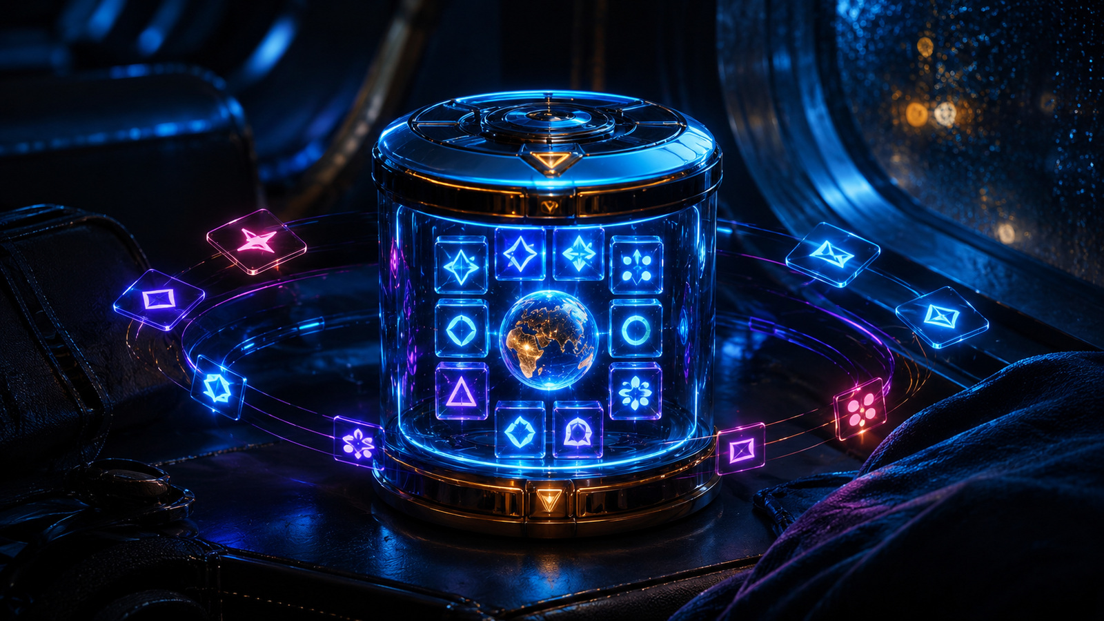 Original editorial illustration: a self-contained puzzle capsule and varied symbol patterns express flexible offline and multilingual use without platform promises