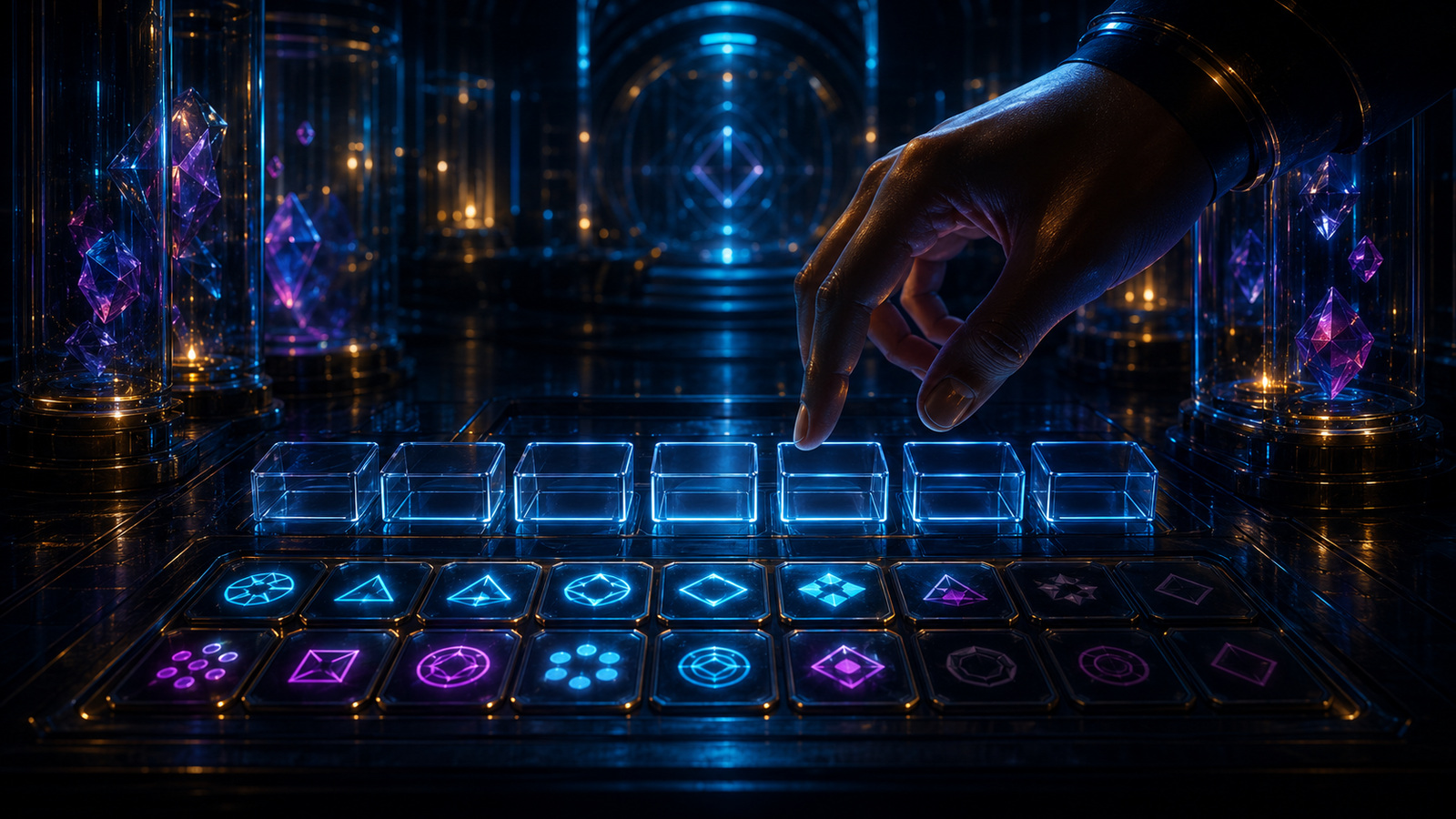 Original editorial illustration: empty slots and a finite symbol set turn length and repetition into visible constraints rather than guesses