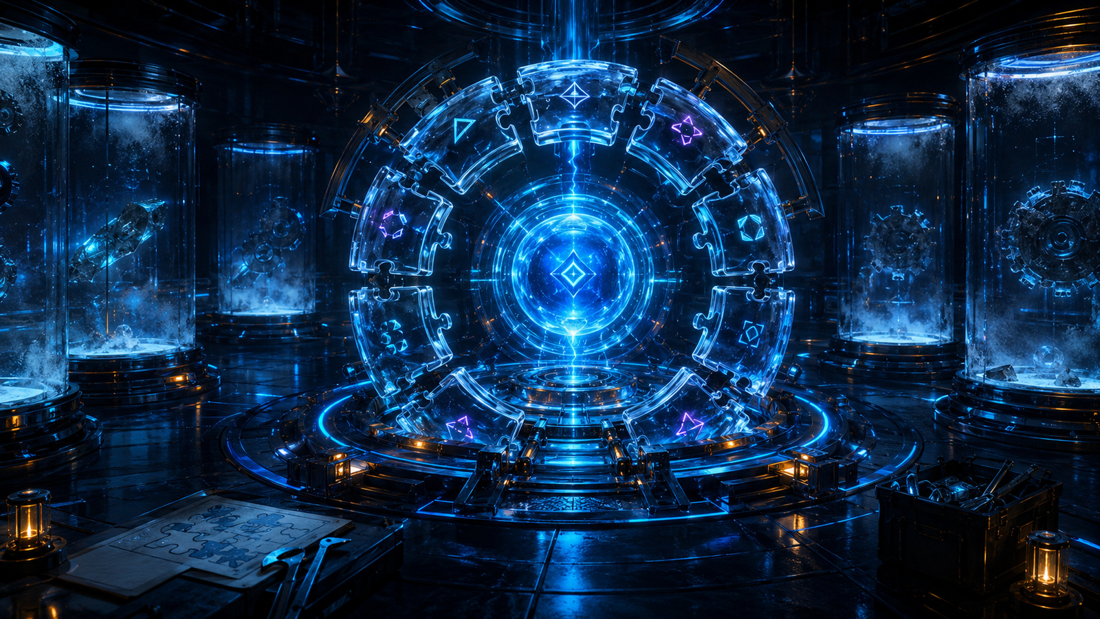 Original editorial illustration: reassembled puzzle components surround a stable core while specific maintenance details remain unlabelled