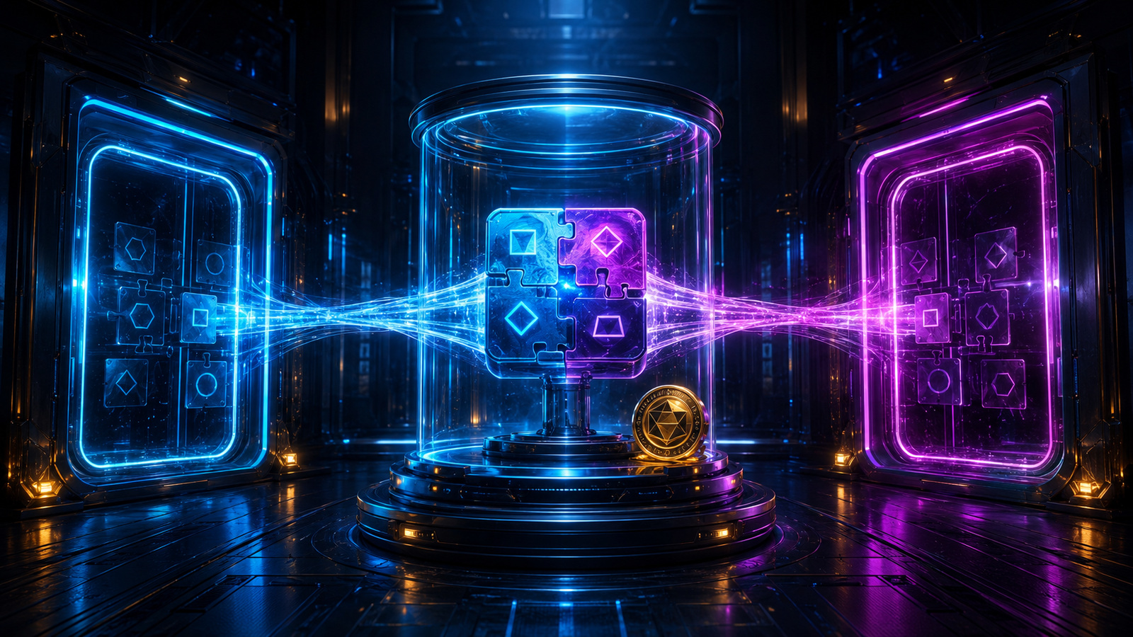 Original editorial illustration: two presentation portals converge on one central puzzle artifact, preserving a single verified product identity