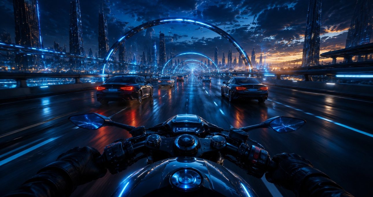 Original editorial illustration: a first-person highway view frames Stunt Extreme 3D around close road awareness, traffic reading and repeatable career runs
