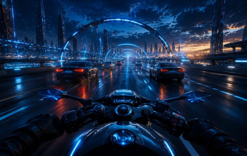 Original editorial illustration: a first-person highway view frames Stunt Extreme 3D around close road awareness, traffic reading and repeatable career runs