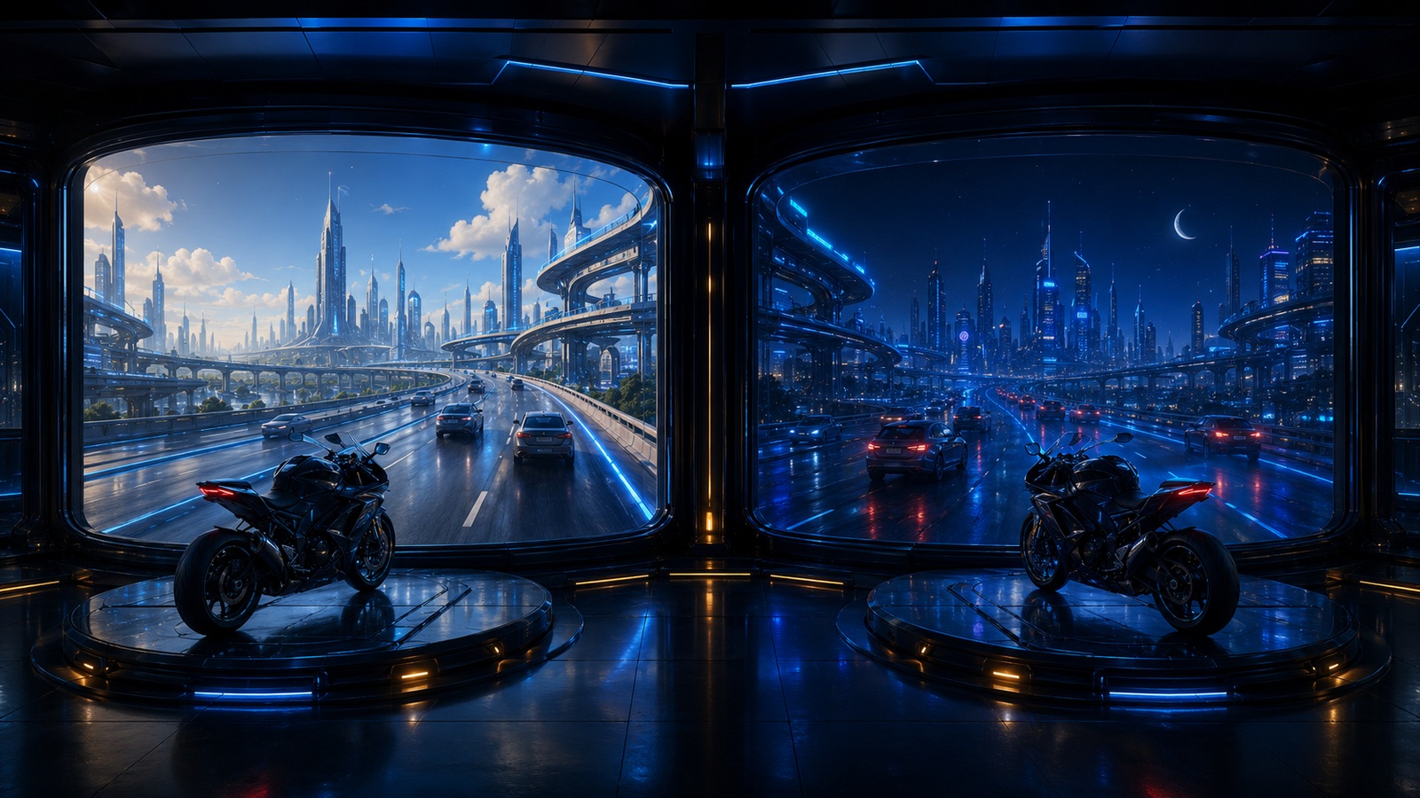 Original editorial illustration: separate daylight and night dioramas present visual variations without implying a dynamic time or weather system