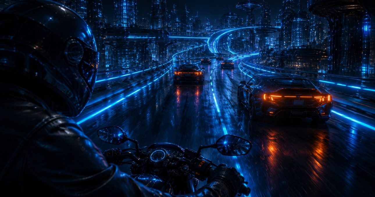 Original editorial illustration: the rider looks beyond the nearest car toward a readable gap and a stable place to settle