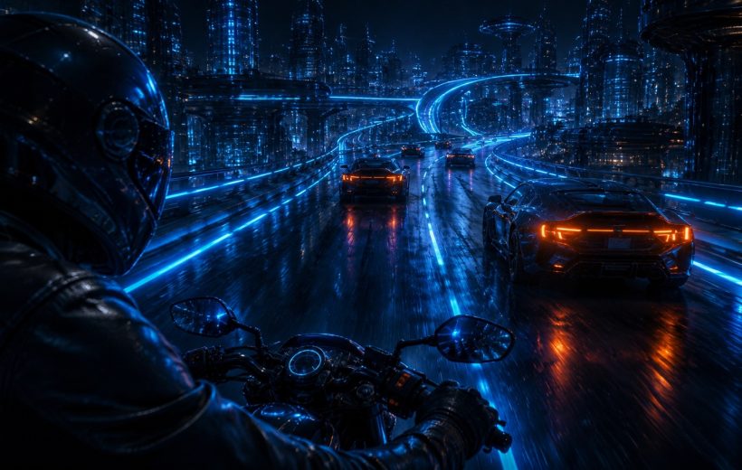 Original editorial illustration: the rider looks beyond the nearest car toward a readable gap and a stable place to settle