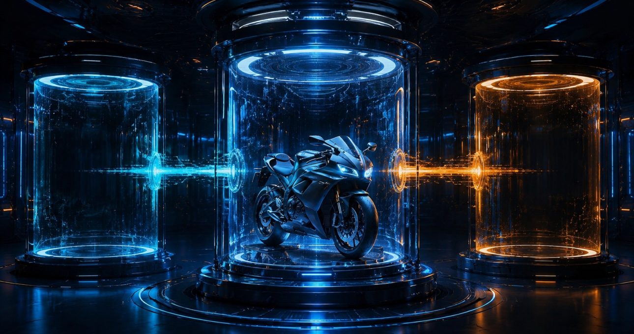 Original editorial illustration: one preserved motorcycle identity connects to two separate empty record portals without implying edition parity