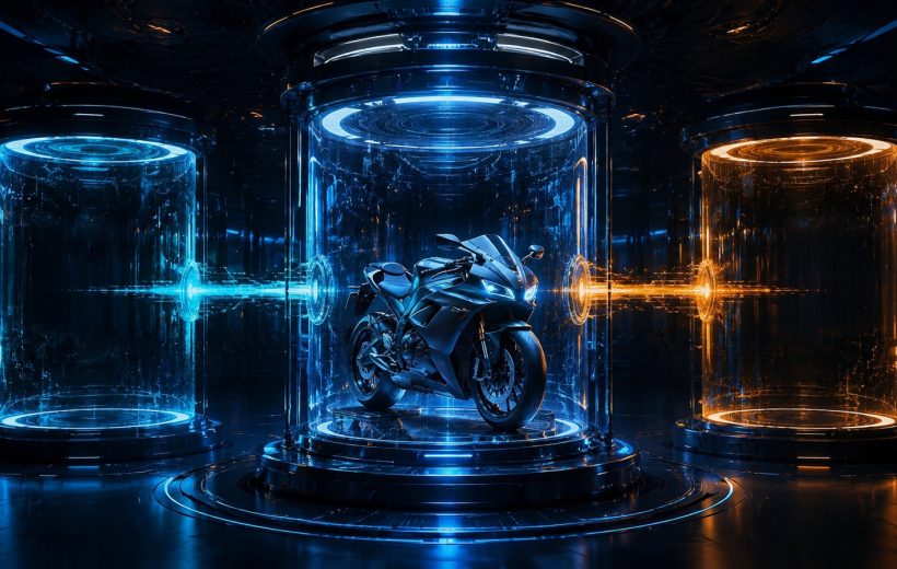 Original editorial illustration: one preserved motorcycle identity connects to two separate empty record portals without implying edition parity
