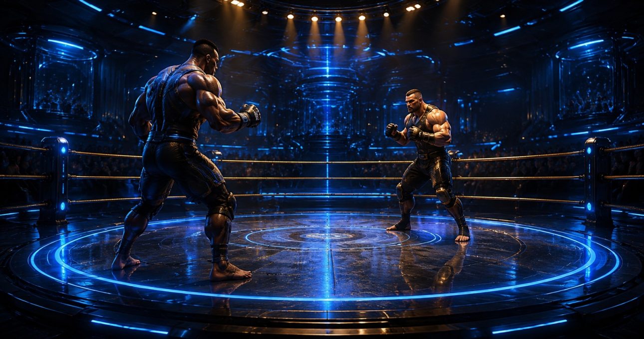 Original editorial illustration: two unlicensed fictional fighters square up in a contained ring under cyan and amber arena lighting