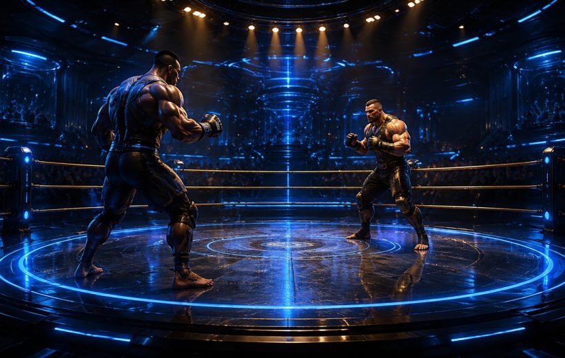 Original editorial illustration: two unlicensed fictional fighters square up in a contained ring under cyan and amber arena lighting