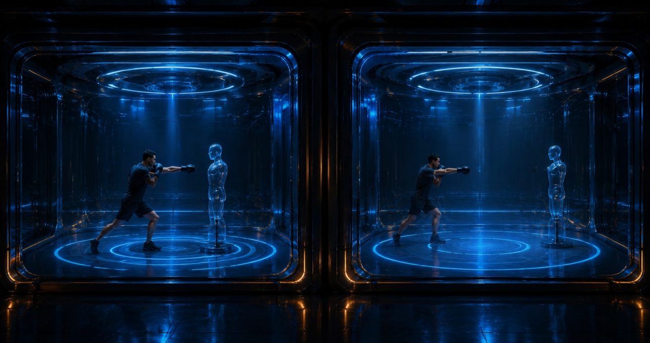 Original editorial illustration: two rehearsal bays compare one basic action at near and farther distances before any sequence is extended