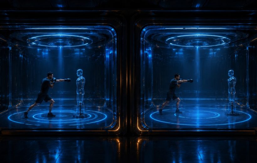 Original editorial illustration: two rehearsal bays compare one basic action at near and farther distances before any sequence is extended