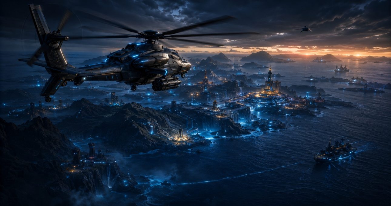 Original editorial illustration: one fictional helicopter surveys ground, air and sea mission layers across a wide coastal battleground
