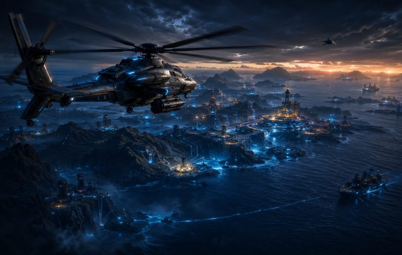 Original editorial illustration: one fictional helicopter surveys ground, air and sea mission layers across a wide coastal battleground