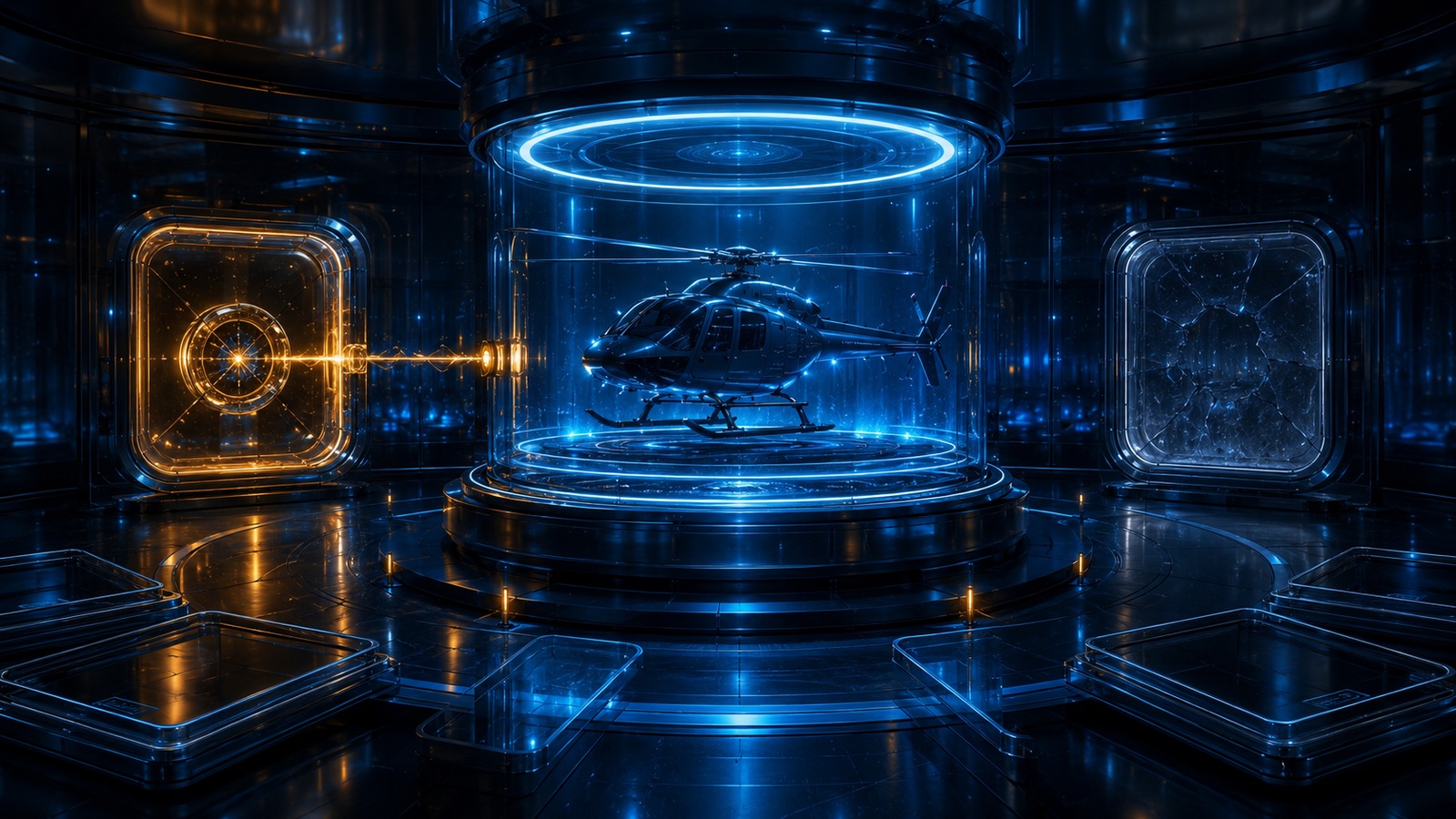 Original editorial illustration: the preserved helicopter identity connects to one intact store portal while a former destination remains fractured and inactive
