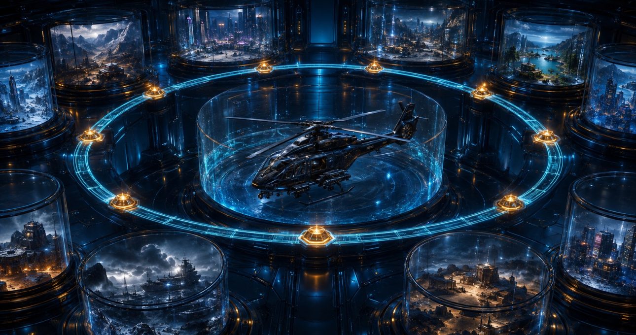 Original editorial illustration: a bounded ring of varied mission dioramas surrounds one helicopter identity and a repeatable decision path