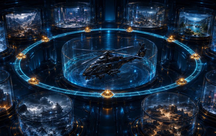 Original editorial illustration: a bounded ring of varied mission dioramas surrounds one helicopter identity and a repeatable decision path