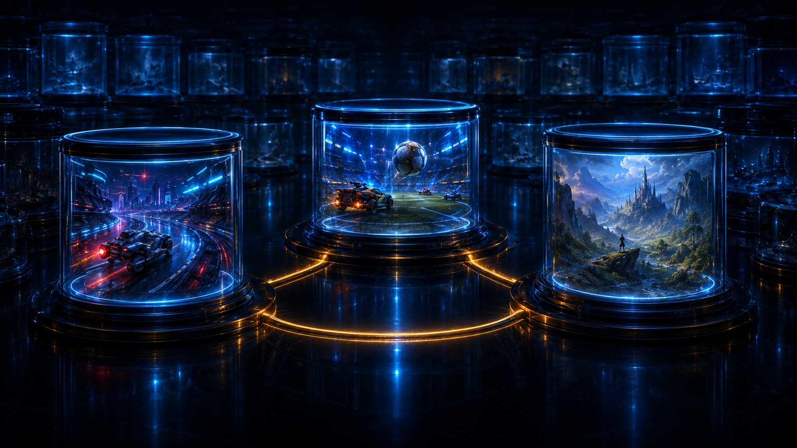 Original editorial illustration: exactly three selected game capsules stand forward from a dimmer library, representing a practical reusable shortlist