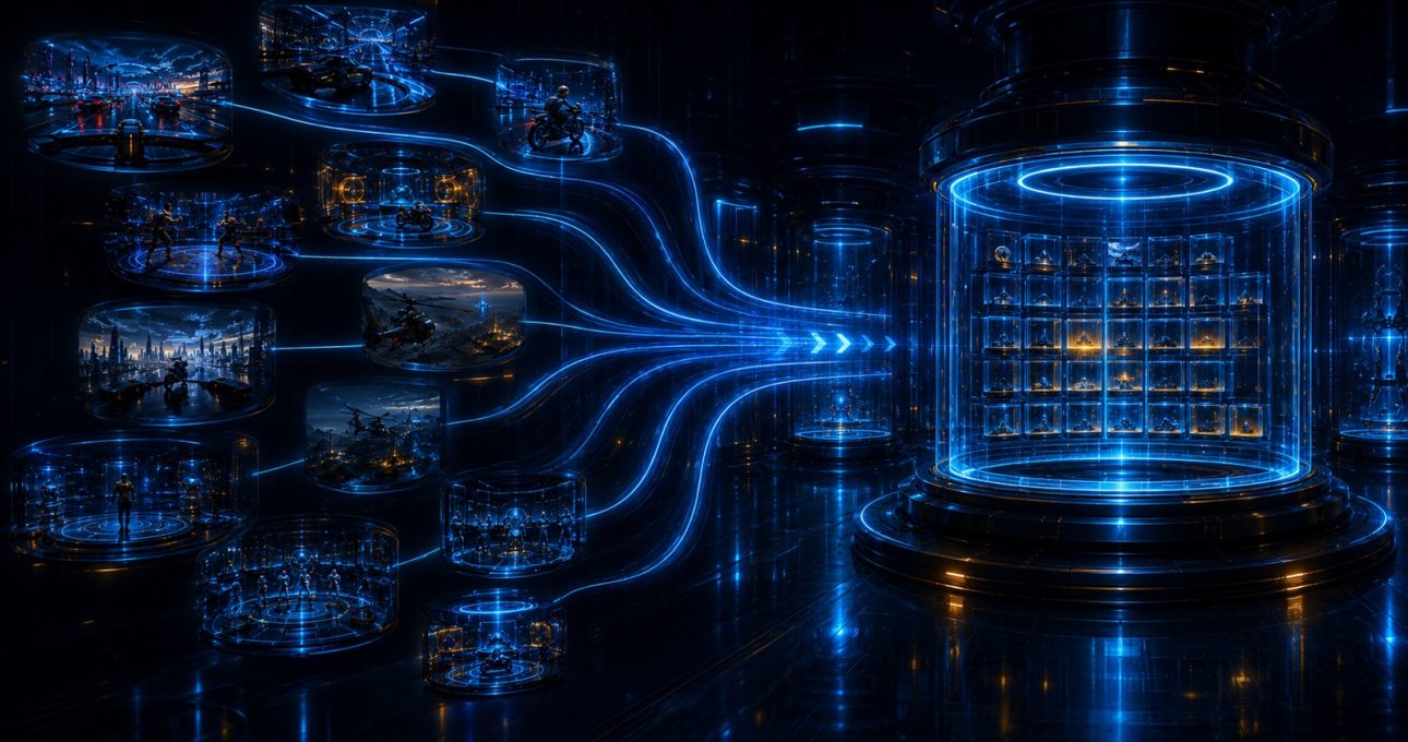 Original editorial illustration: many disconnected game portals converge into one ordered library gateway without exposing an undocumented delivery architecture