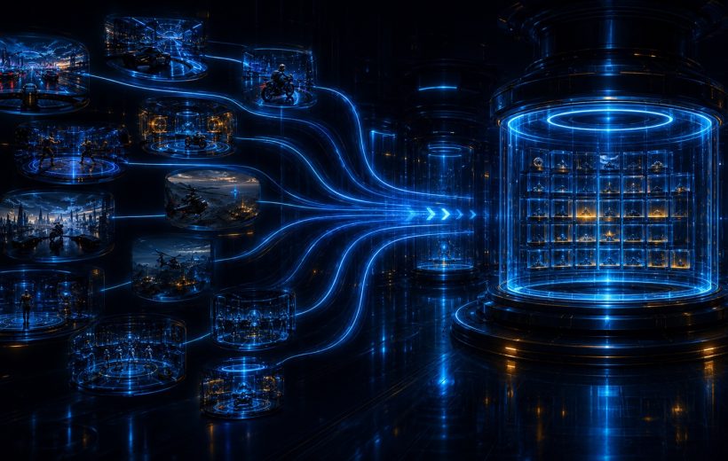 Original editorial illustration: many disconnected game portals converge into one ordered library gateway without exposing an undocumented delivery architecture
