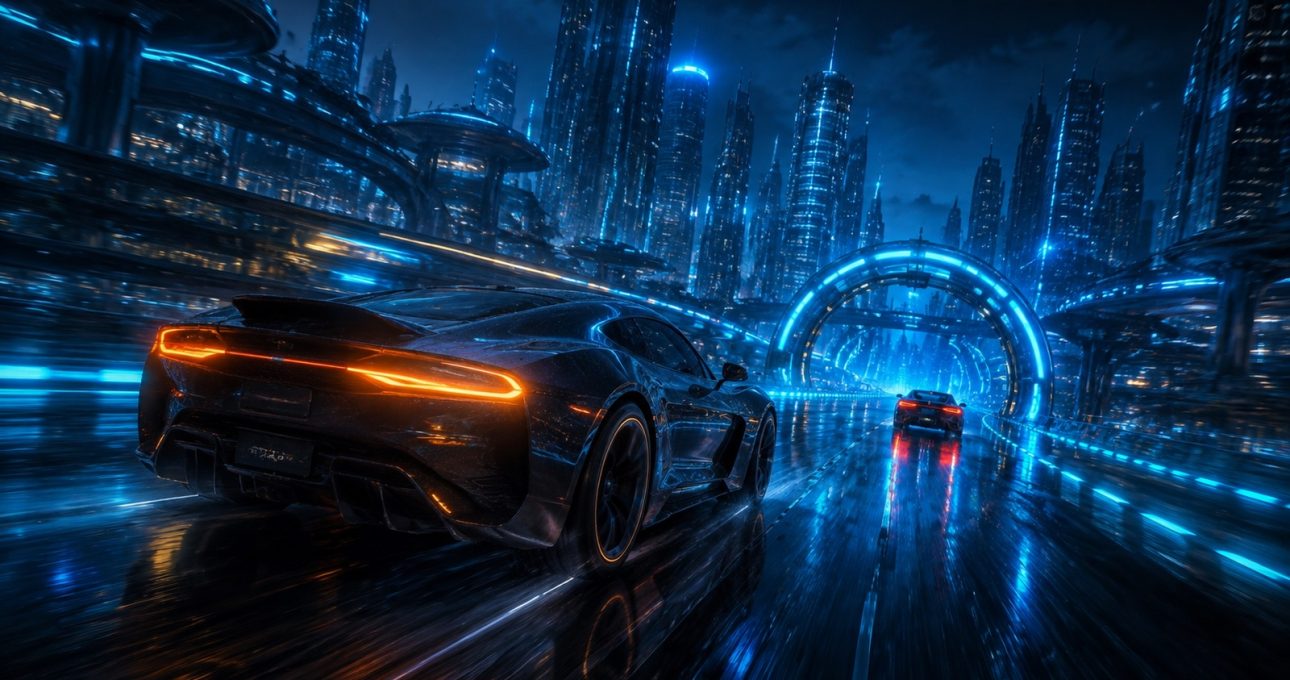Original editorial illustration: an unbranded sports car pursues one opponent through a cyan-lit fictional city race