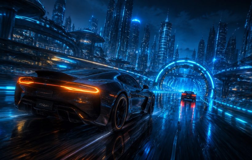 Original editorial illustration: an unbranded sports car pursues one opponent through a cyan-lit fictional city race
