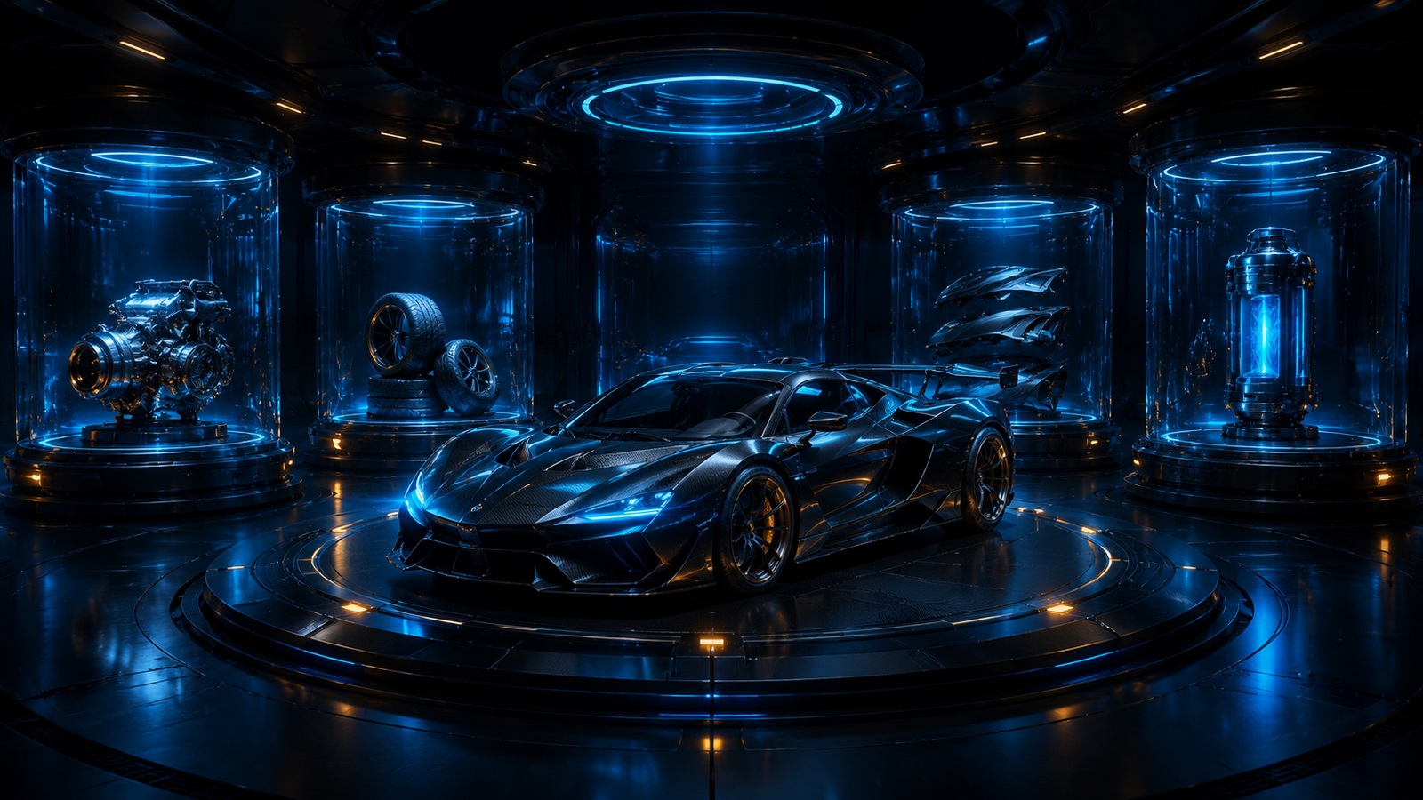 Original editorial illustration: one original car sits among separate power, tire, body and boost modules in a progression garage without ranks or prices