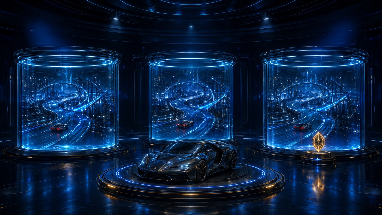 Original editorial illustration: three matching circuit capsules preserve the same car and route while one amber change is tested and repeated