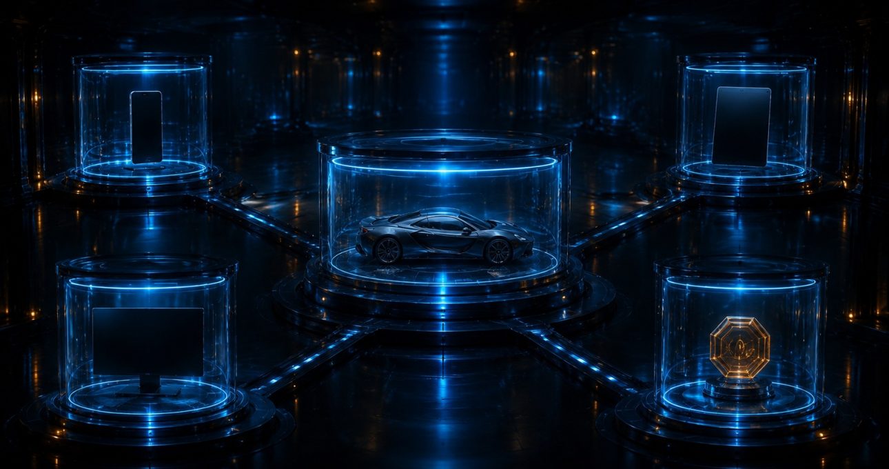 Original editorial illustration: one car identity connects to four separate blank device and record chambers whose timelines do not merge