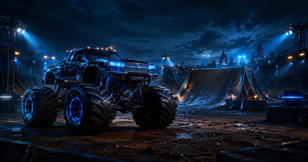 Original editorial illustration: one unbranded monster truck stands before a contained rough-course arena with a single broad ramp