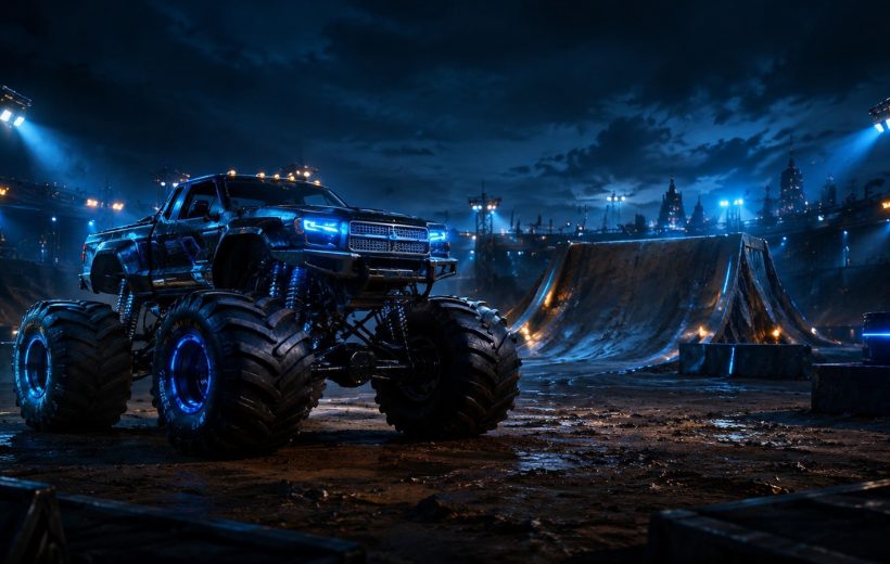 Original editorial illustration: one unbranded monster truck stands before a contained rough-course arena with a single broad ramp