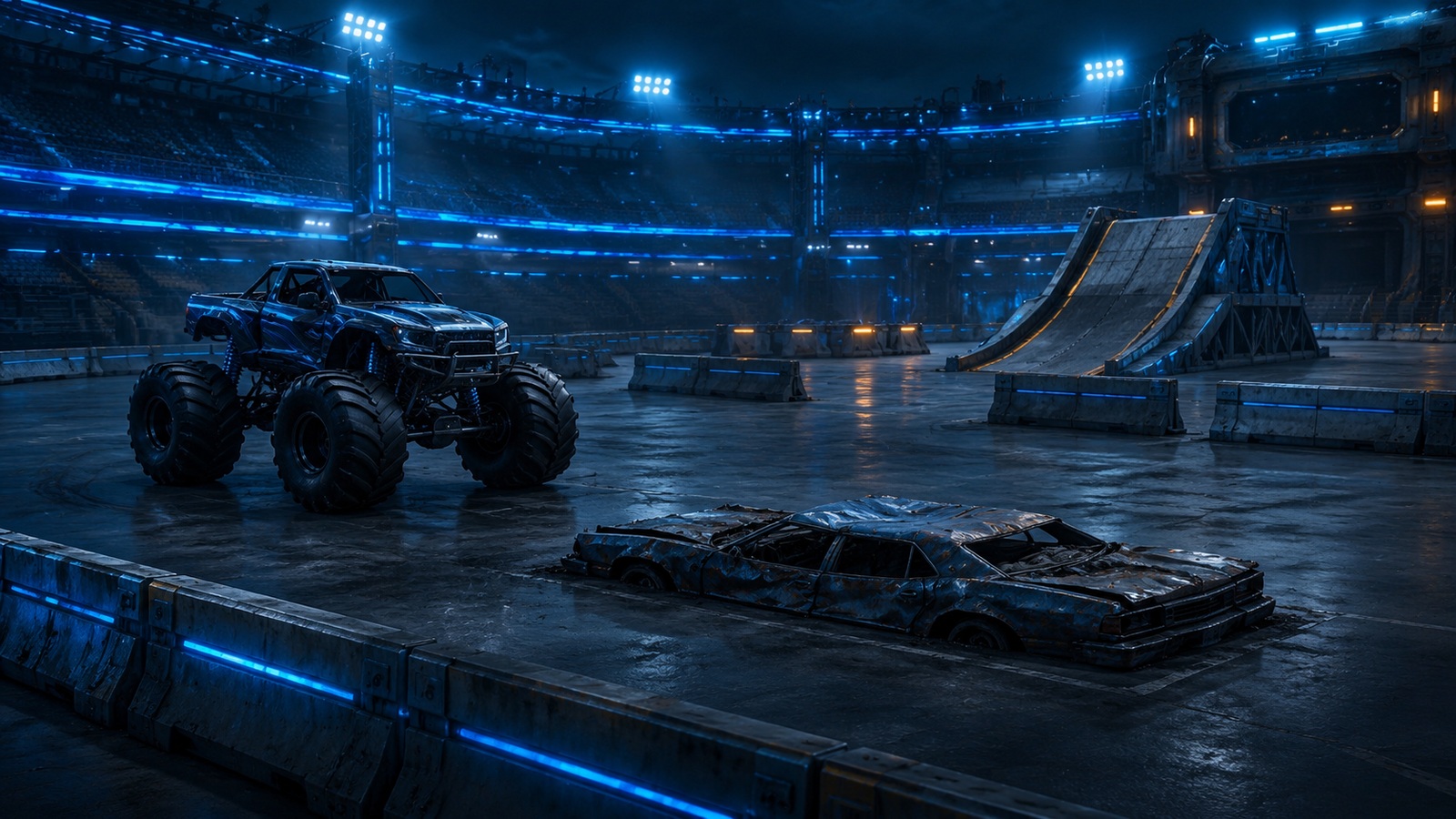Original editorial illustration: the truck approaches one already-flattened car while other barriers remain separate, keeping destruction rules unresolved