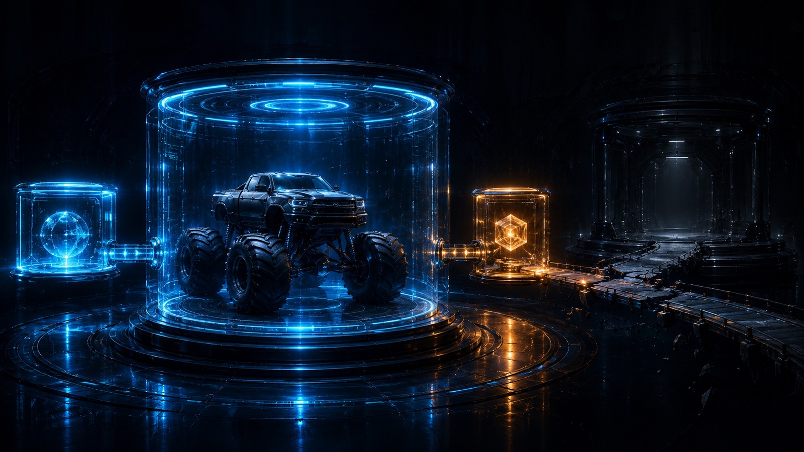 Original editorial illustration: the confirmed truck identity connects to portfolio and media evidence while a dark store chamber remains beyond a broken bridge