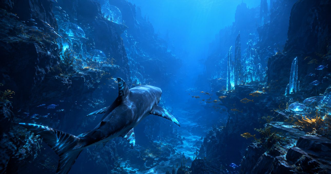 Original editorial illustration: one fictional shark moves through a readable underwater route, framing the predator-view premise without inventing modes or combat rules