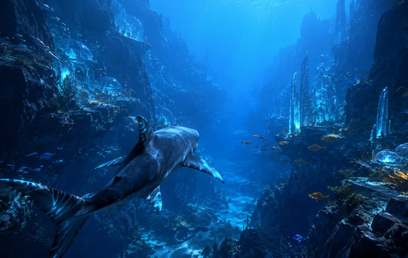 Original editorial illustration: one fictional shark moves through a readable underwater route, framing the predator-view premise without inventing modes or combat rules
