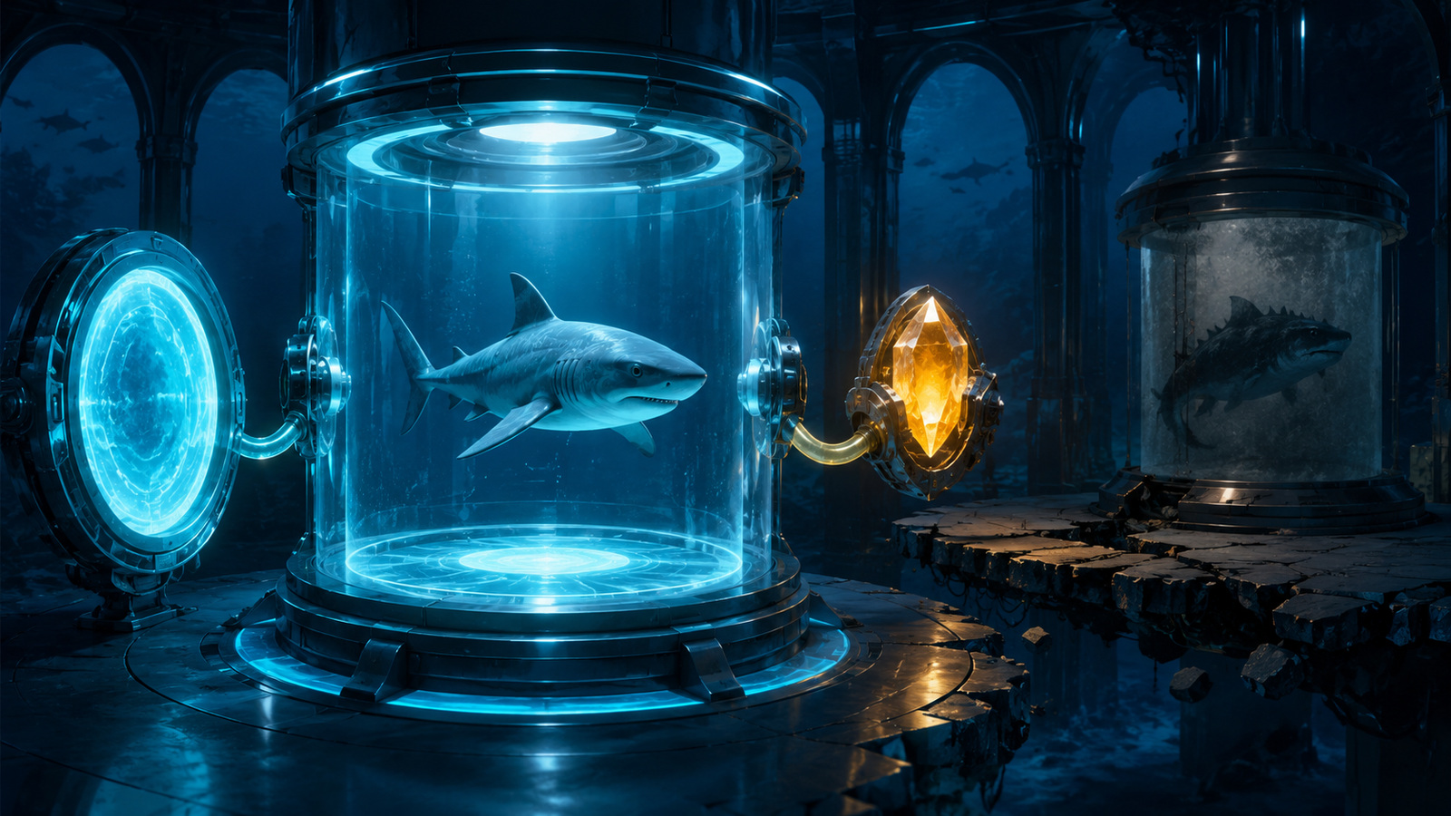 Original editorial illustration: the confirmed Shark Attack identity remains connected to catalogue evidence while a differently shaped candidate record stays physically separate