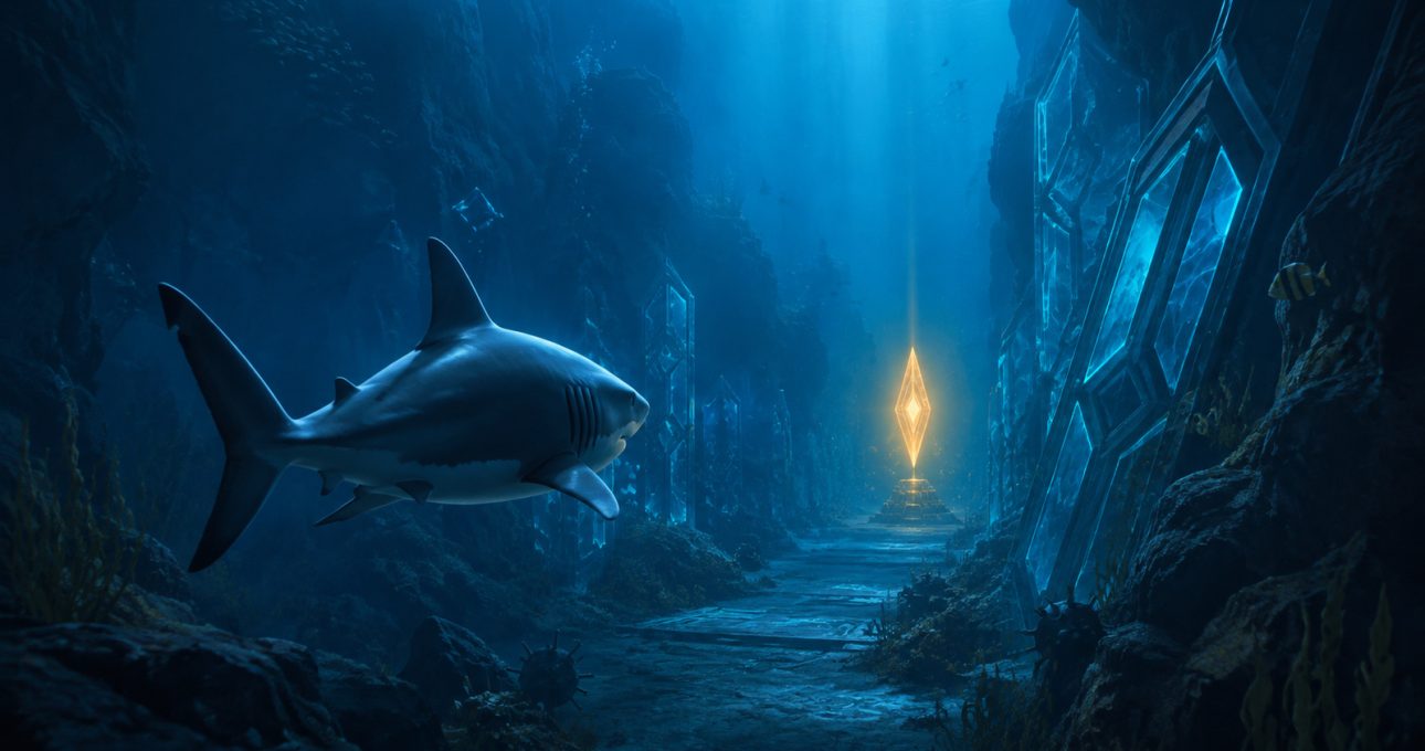 Original editorial illustration: one amber objective beacon dominates the route while unrelated underwater elements remain deliberately secondary