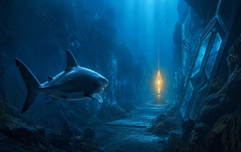 Original editorial illustration: one amber objective beacon dominates the route while unrelated underwater elements remain deliberately secondary