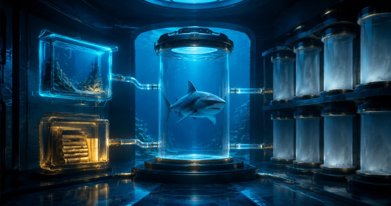 Original editorial illustration: a stable shark identity connects to the available project evidence while empty chambers preserve the missing store chronology