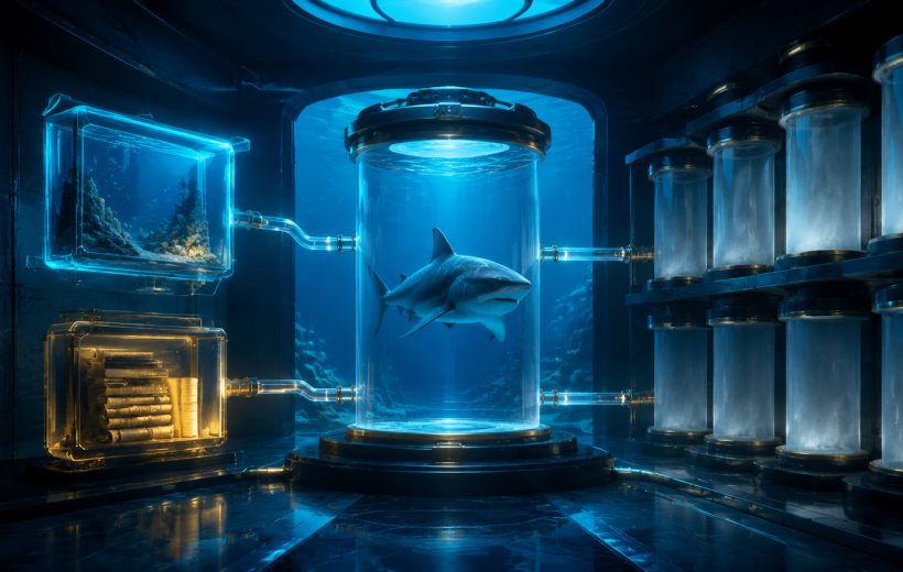 Original editorial illustration: a stable shark identity connects to the available project evidence while empty chambers preserve the missing store chronology