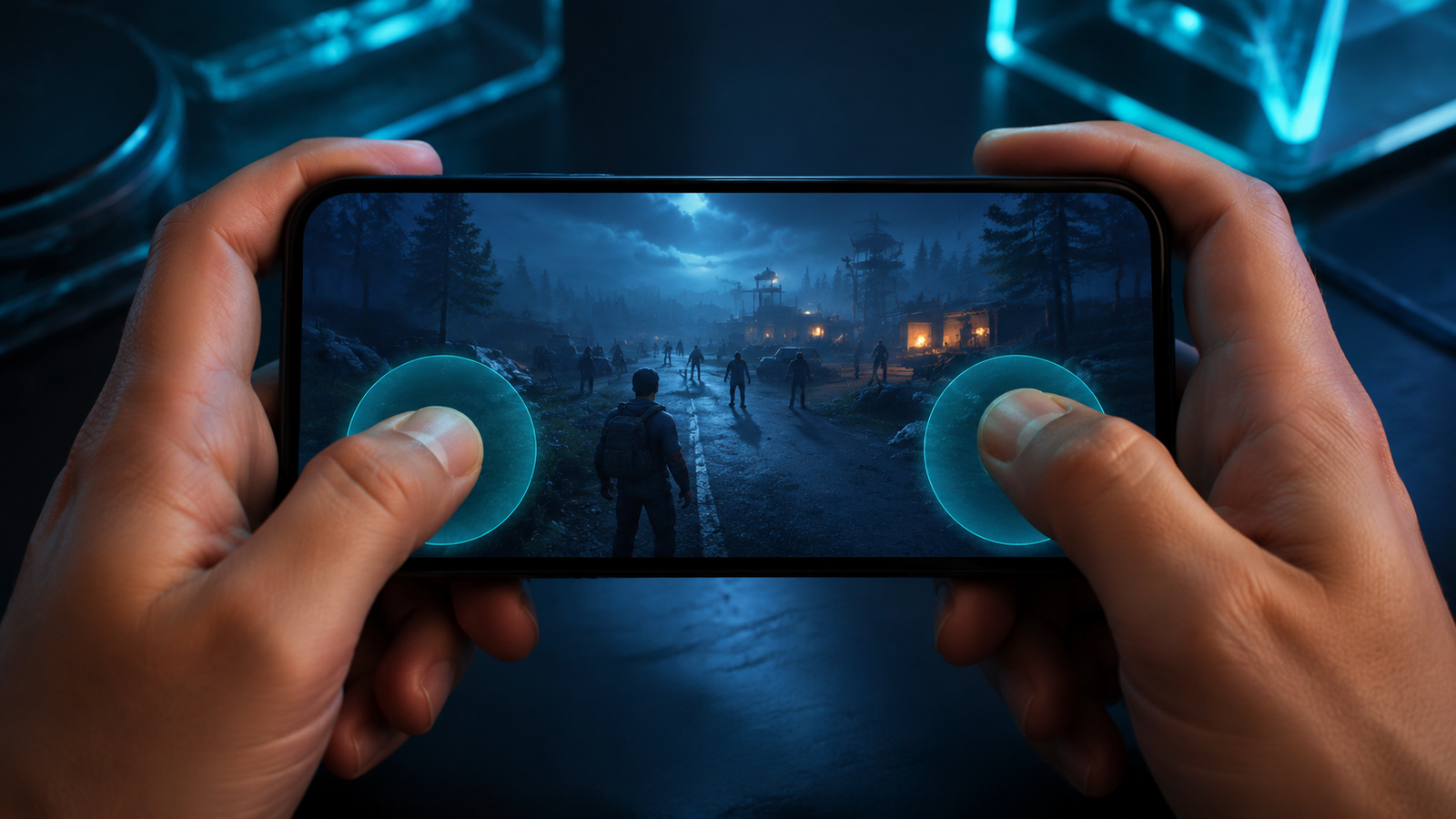 Original editorial illustration: reachable lower-corner controls leave the central mobile play area visible under survival pressure