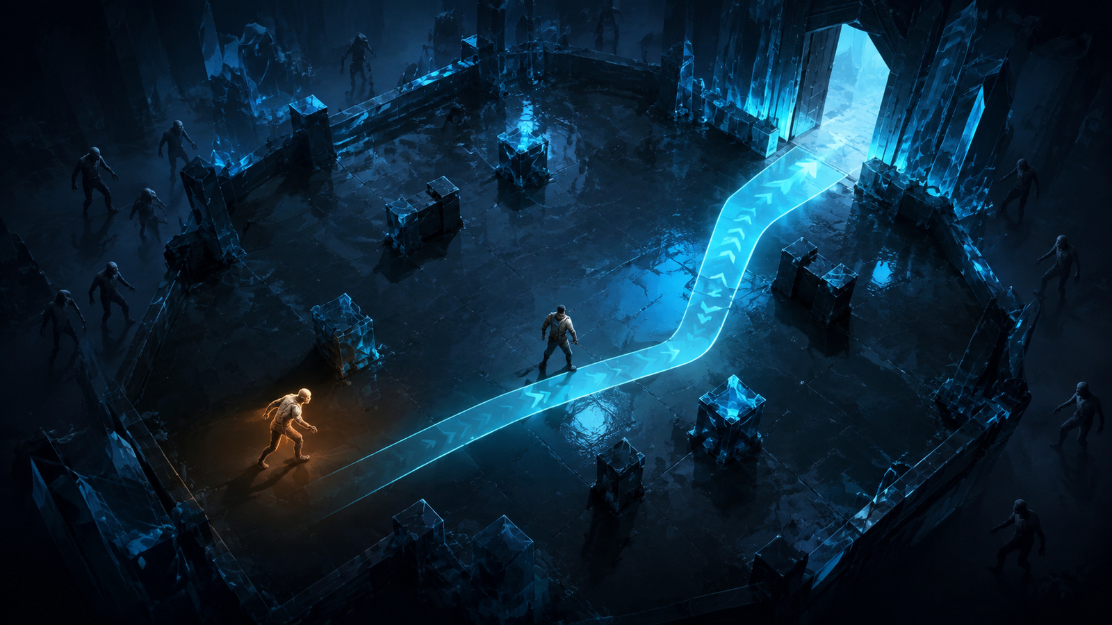 Original editorial illustration: one amber threat closes space while a clear cyan lane preserves an exit and reduces simultaneous decisions