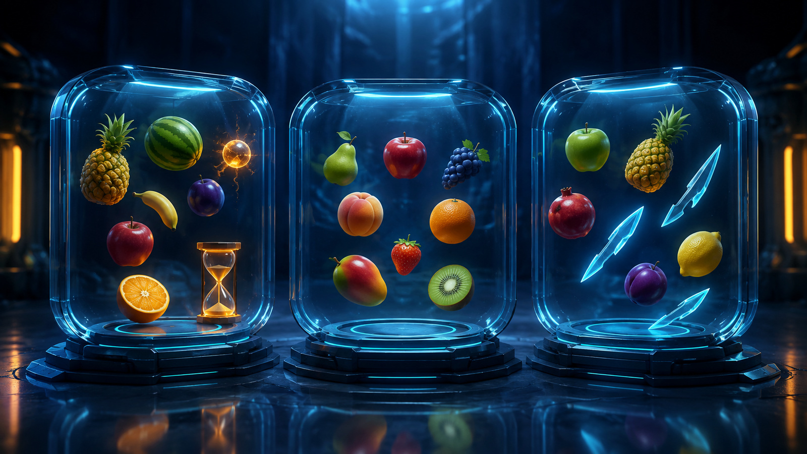 Original editorial illustration: three separate chambers distinguish timed hazard play, relaxed fruit-only practice and a limited-blade challenge