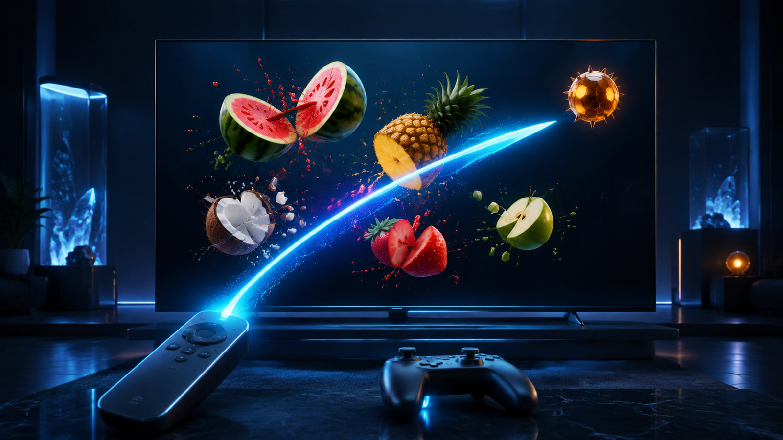 Original editorial illustration: a generic handheld input projects one precise cyan path across the big screen while an amber hazard remains outside the cut