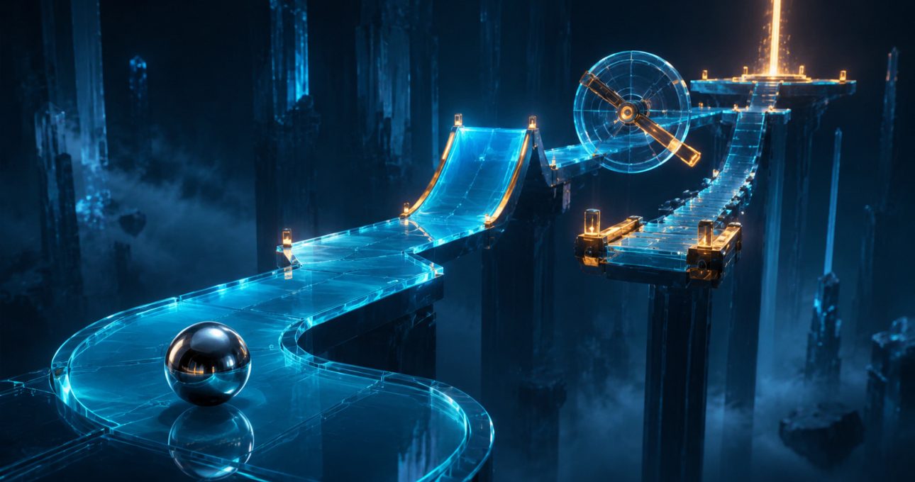 Original editorial illustration: one metallic ball faces a readable sequence of narrow paths, ramps and moving hazards on a suspended course