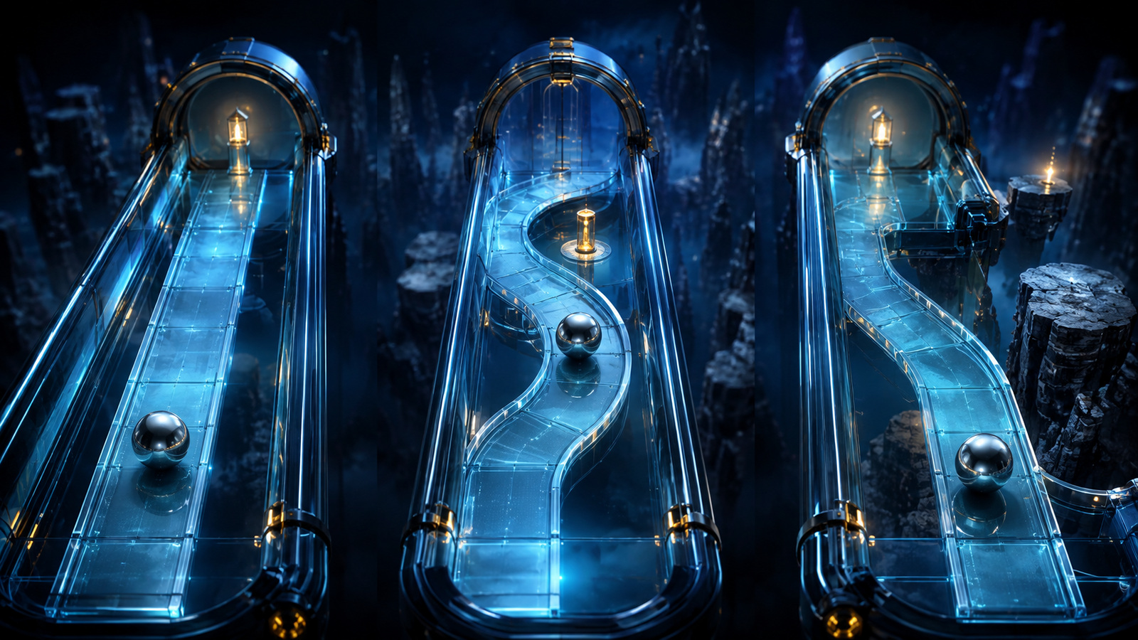 Original editorial illustration: three matching chambers isolate straight travel, gradual turning and safe braking before an exposed edge