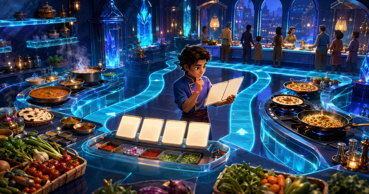 Original editorial illustration: an original young cook coordinates varied dishes along a clear kitchen workflow without copying a licensed character