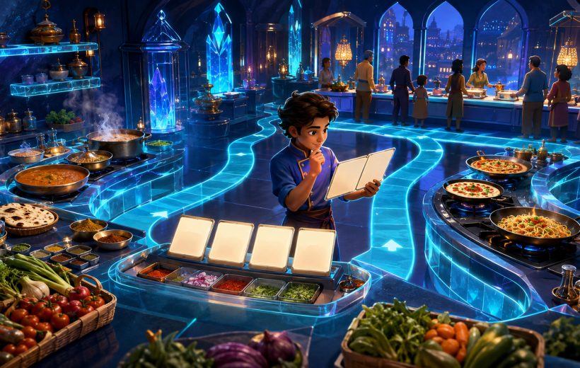 Original editorial illustration: an original young cook coordinates varied dishes along a clear kitchen workflow without copying a licensed character