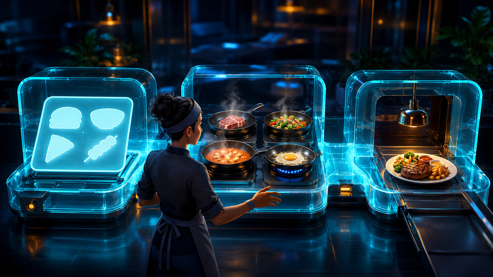 Original editorial illustration: three connected stations separate order recognition, cooking states and the final serving handoff