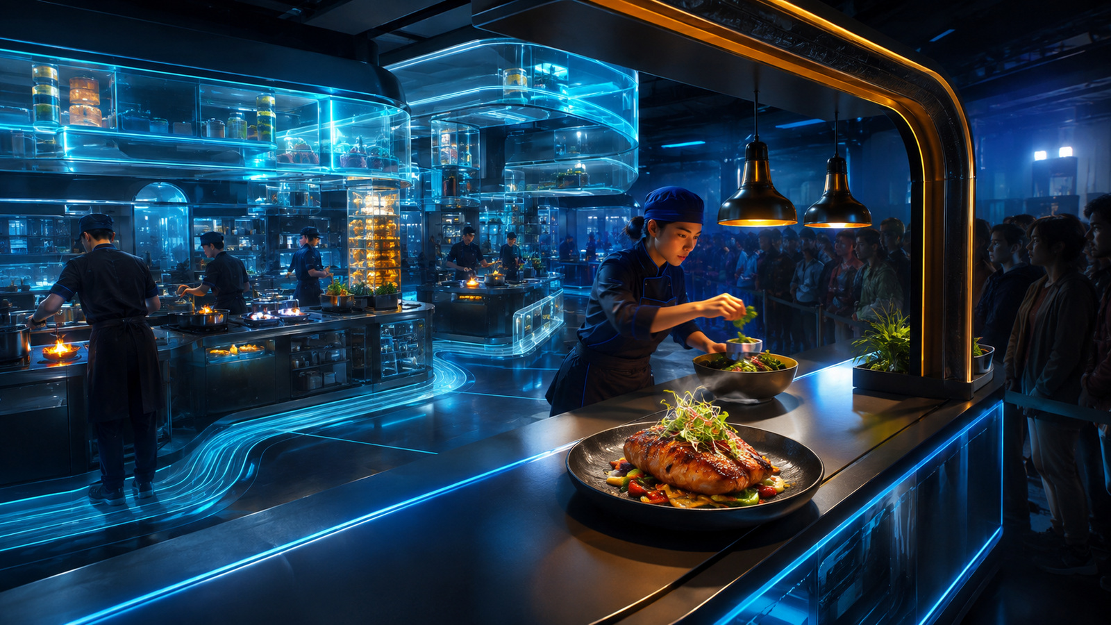 Original editorial illustration: one long process and one quick action leave a clear attention margin for the completed dish at the serving window