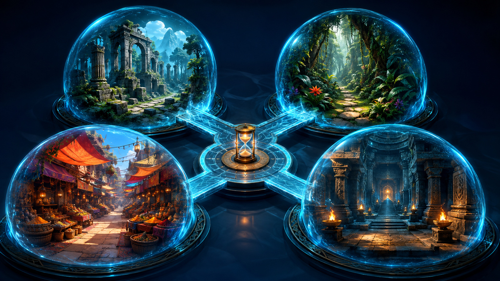 Original editorial illustration: four separate scene capsules distinguish ruins, jungle, market and temple search vocabularies
